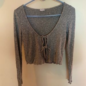 Garage lettuce trim front tie rib knit long sleeve